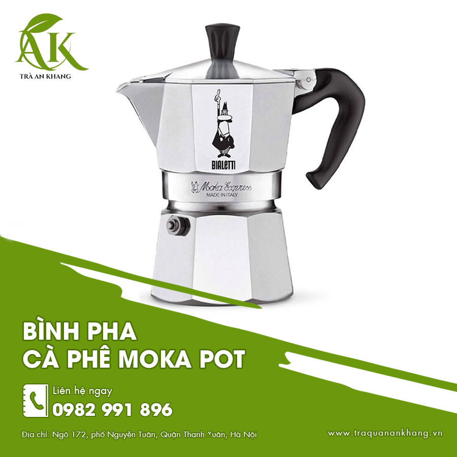 Bình pha cà phê moka pot thiết kế cổ điển mang phong cách quán cà phê châu Âu.